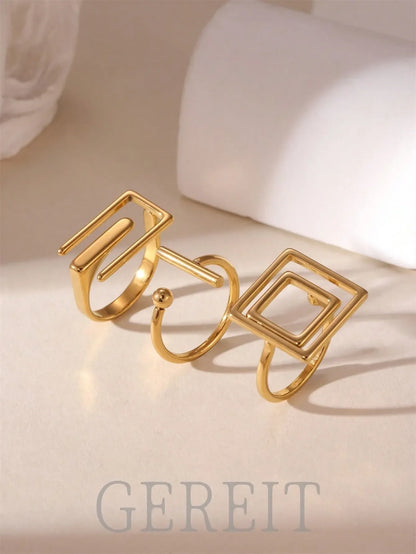 Shein - GEREIT 3pcs 18K Stainless Steel Geometric Asymmetric Open Ring Set