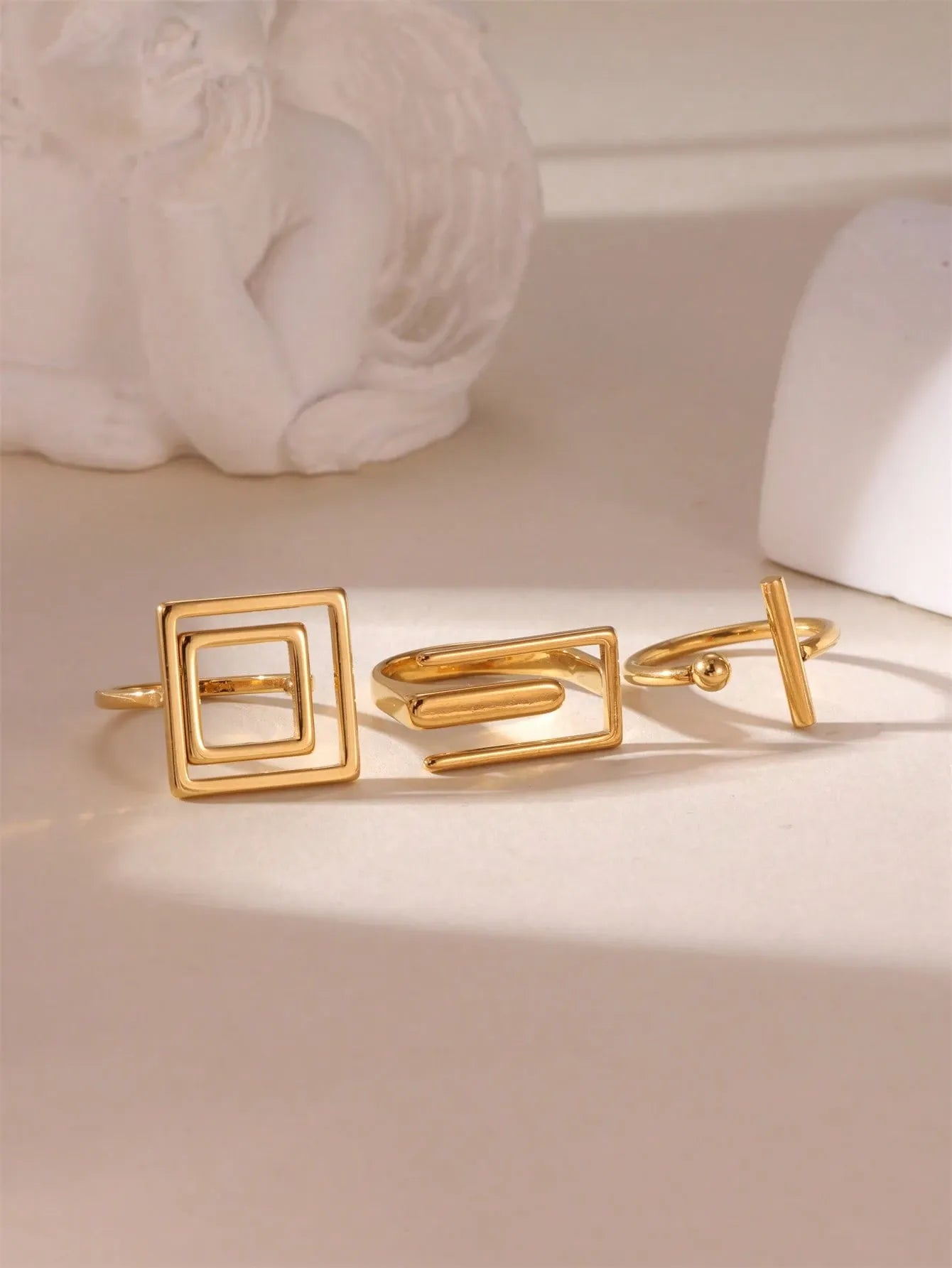 Shein - GEREIT 3pcs 18K Stainless Steel Geometric Asymmetric Open Ring Set