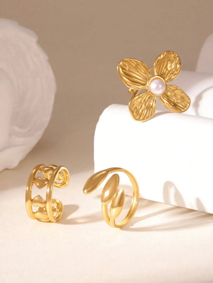 Shein - 3pcs 18K Stainless Steel Heart & Faux Pearl Flower Open Ring Set