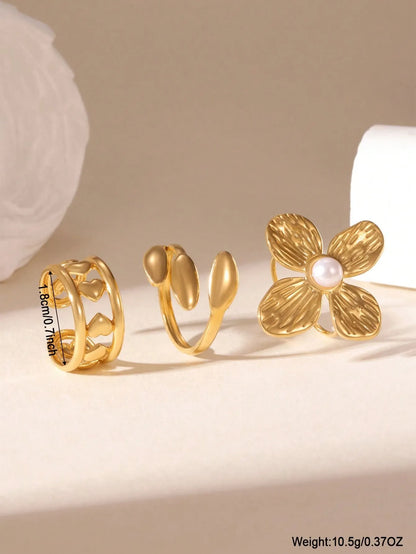 Shein - 3pcs 18K Stainless Steel Heart & Faux Pearl Flower Open Ring Set