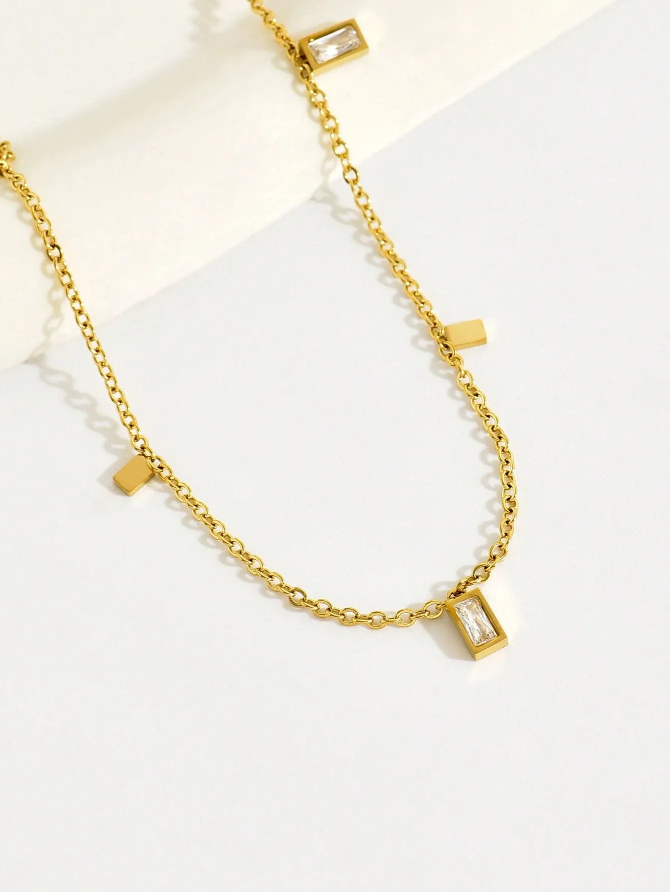 Shein - 1Pc Fashionable Stainless Steel Square Zirconia Pendant Necklace