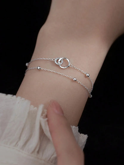 Shein - 1Pc High-End Elegant Double Layered Circle Linked Bracelet - Silver