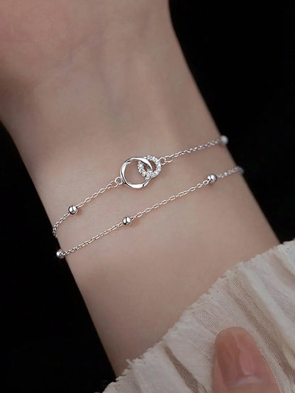 Shein - 1Pc High-End Elegant Double Layered Circle Linked Bracelet - Silver