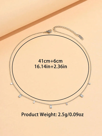 Shein - 1Pc Fashionable Stainless Steel Square Zirconia Pendant Necklace