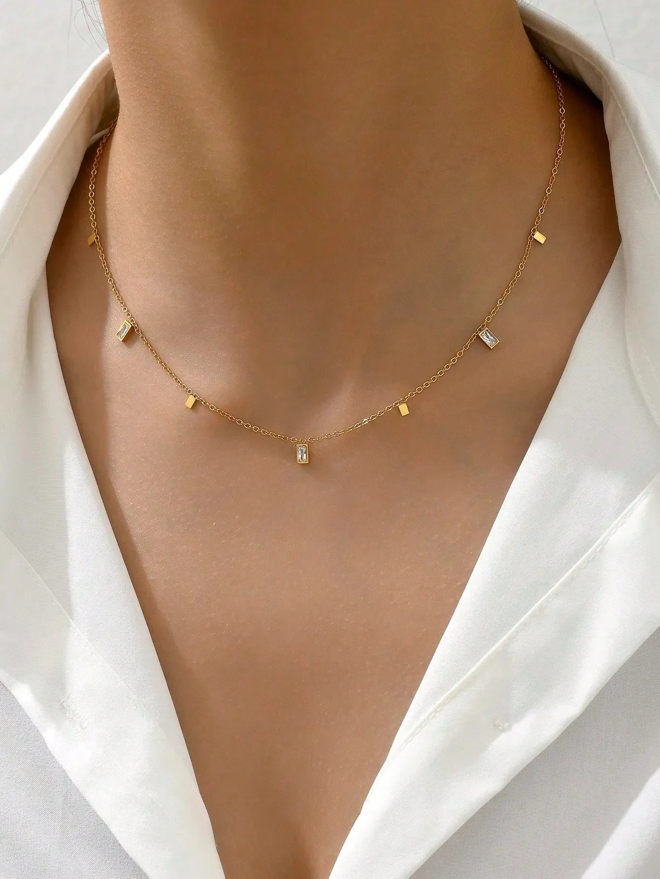 Shein - 1Pc Fashionable Stainless Steel Square Zirconia Pendant Necklace