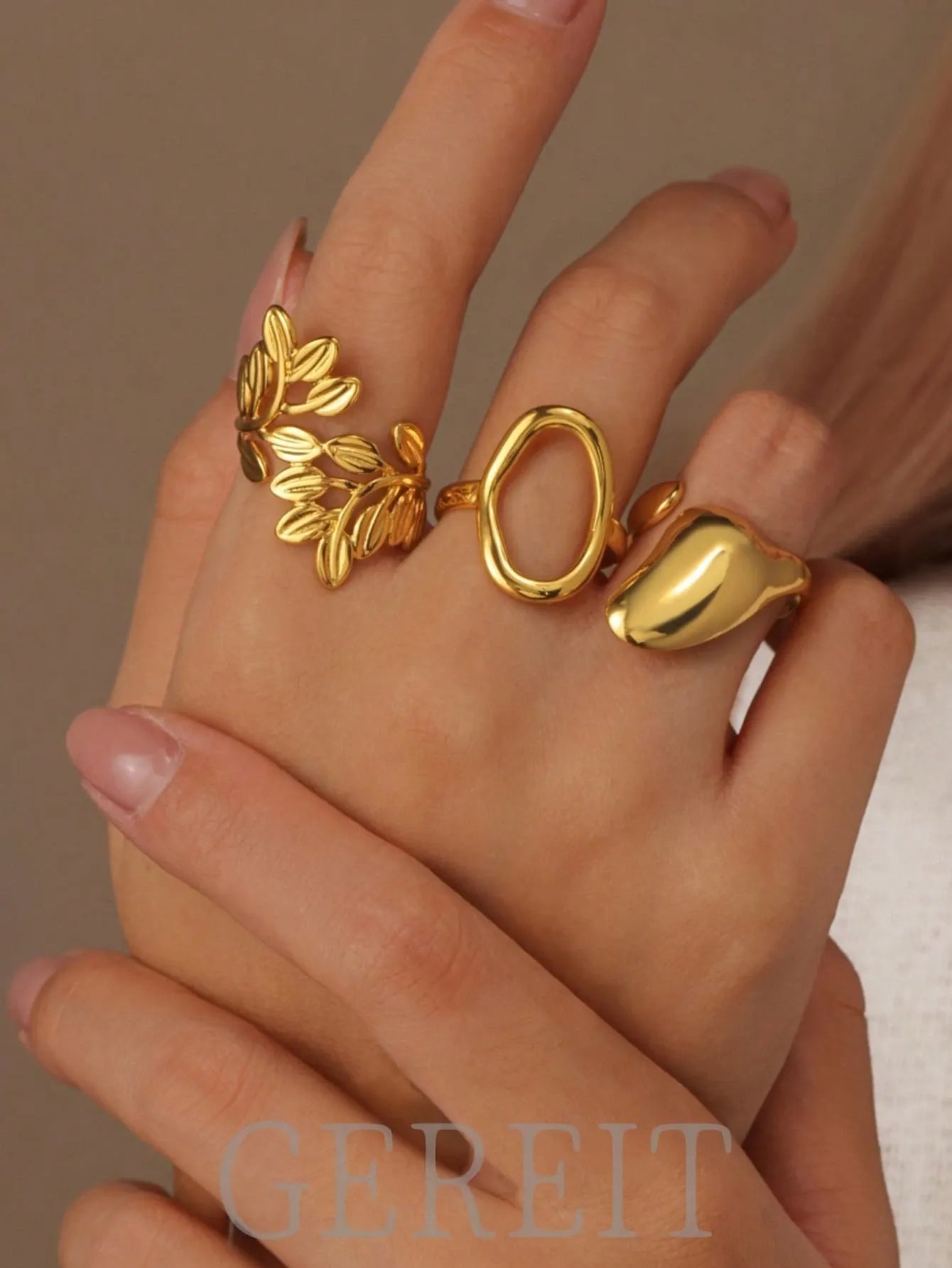 Shein - GEREIT 3pcs 18K Stainless Steel Hollow Leaf Circle Ring Set