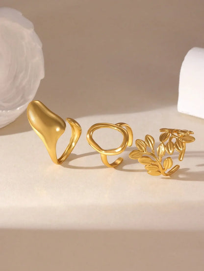 Shein - GEREIT 3pcs 18K Stainless Steel Hollow Leaf Circle Ring Set