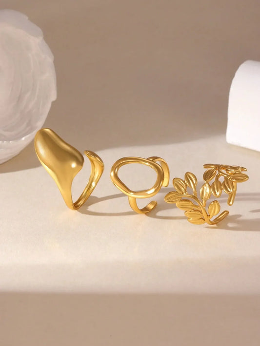 Shein - GEREIT 3pcs 18K Stainless Steel Hollow Leaf Circle Ring Set
