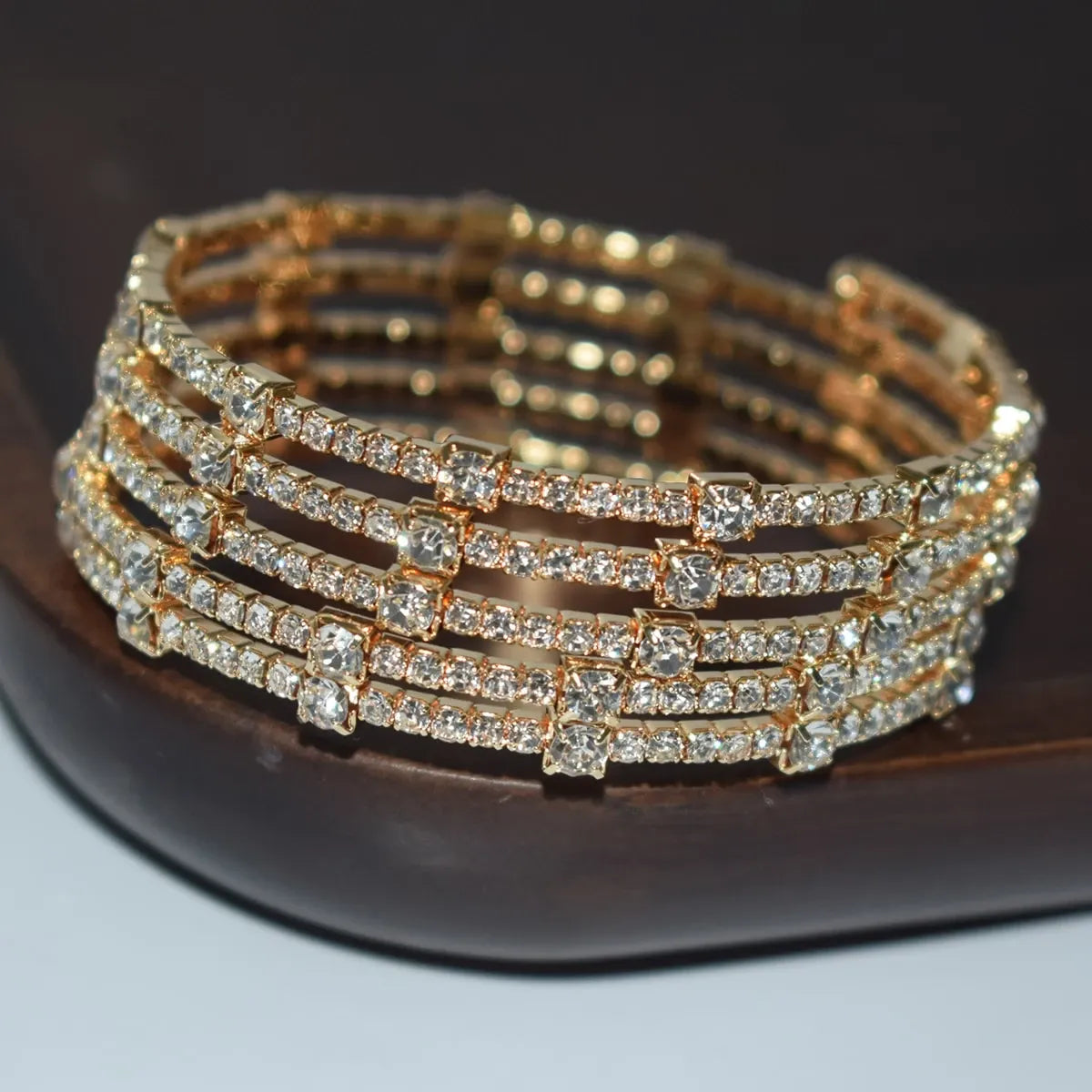 Shein - Multi-Layer Fashionable Rhinestone Wrapped Open Cuff Handmade Bracelet For Women - Golden