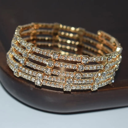 Shein - Multi-Layer Fashionable Rhinestone Wrapped Open Cuff Handmade Bracelet For Women - Golden