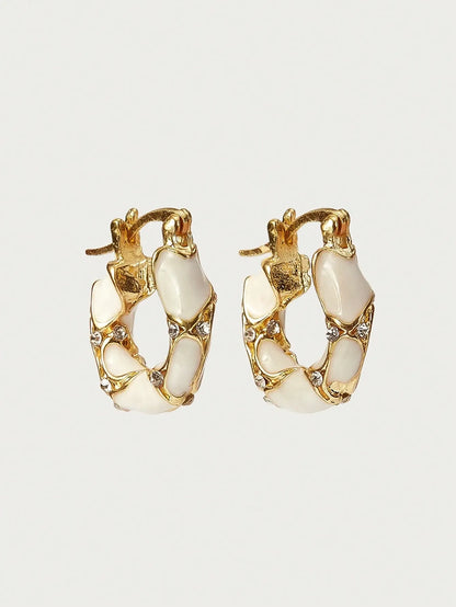 Shein - Glisma 1 Pair Women Retro Elegant High-Quality Rhinestone & Enamel Hoop Earrings