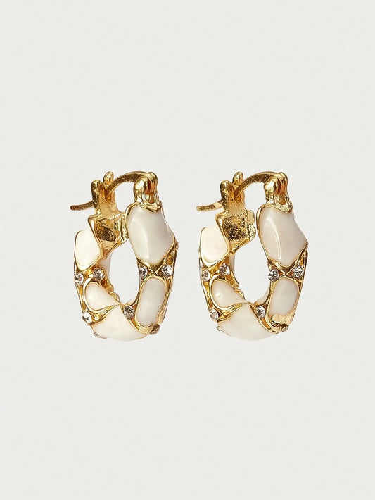 Shein - Glisma 1 Pair Women Retro Elegant High-Quality Rhinestone & Enamel Hoop Earrings