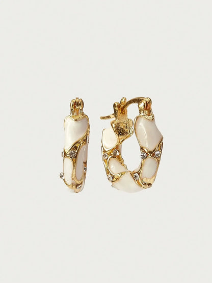 Shein - Glisma 1 Pair Women Retro Elegant High-Quality Rhinestone & Enamel Hoop Earrings