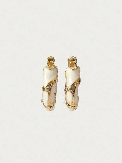 Shein - Glisma 1 Pair Women Retro Elegant High-Quality Rhinestone & Enamel Hoop Earrings