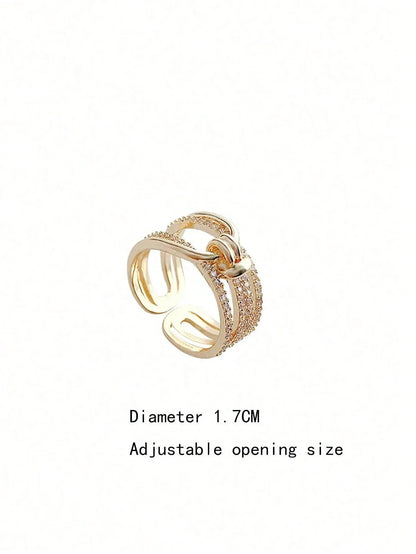 Shein - 1Pc Fashion Stainless Steel Cubic Zirconia Decor Layered Ring For Women