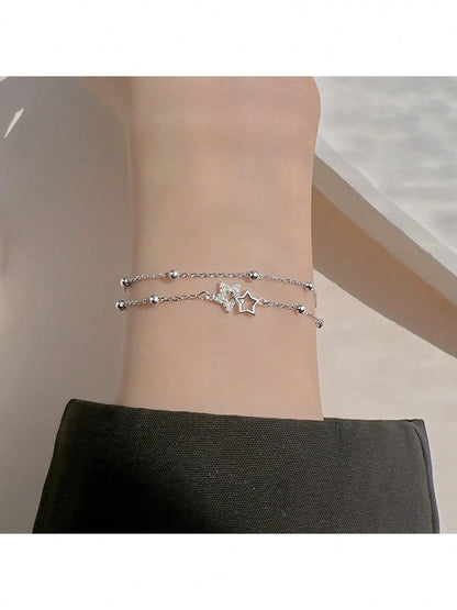 Shein - 1Pc Elegant Luxury Double-Layer Pearl & Star Bracelet