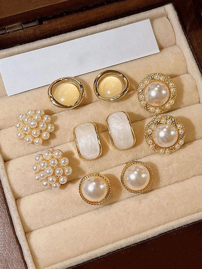 Shein - 5pcs/Set Vintage Pearl Cluster Hoop Earrings Set, Minimalist Small Earring Jewelry Suits Women Day & Festival Wear