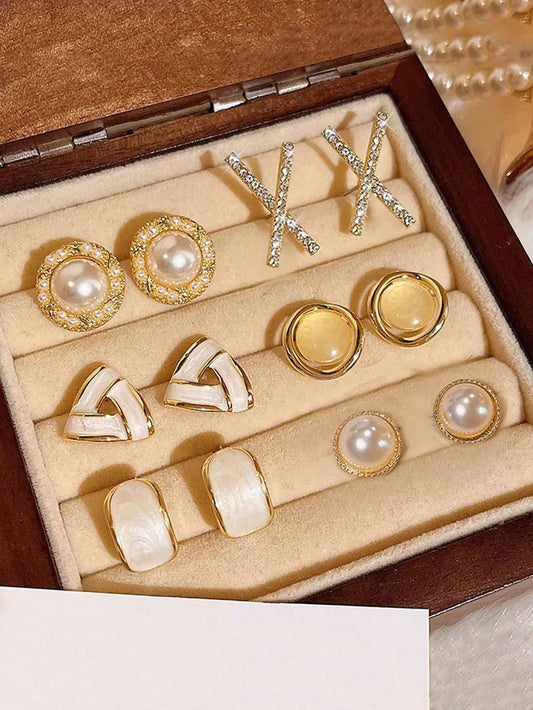 Shein - 6pcs/Set Minimalist Elegant & Versatile Cross Circle Cat Eye Faux Pearl Geometric Drop Oil Triangle Rhinestone Earring Set