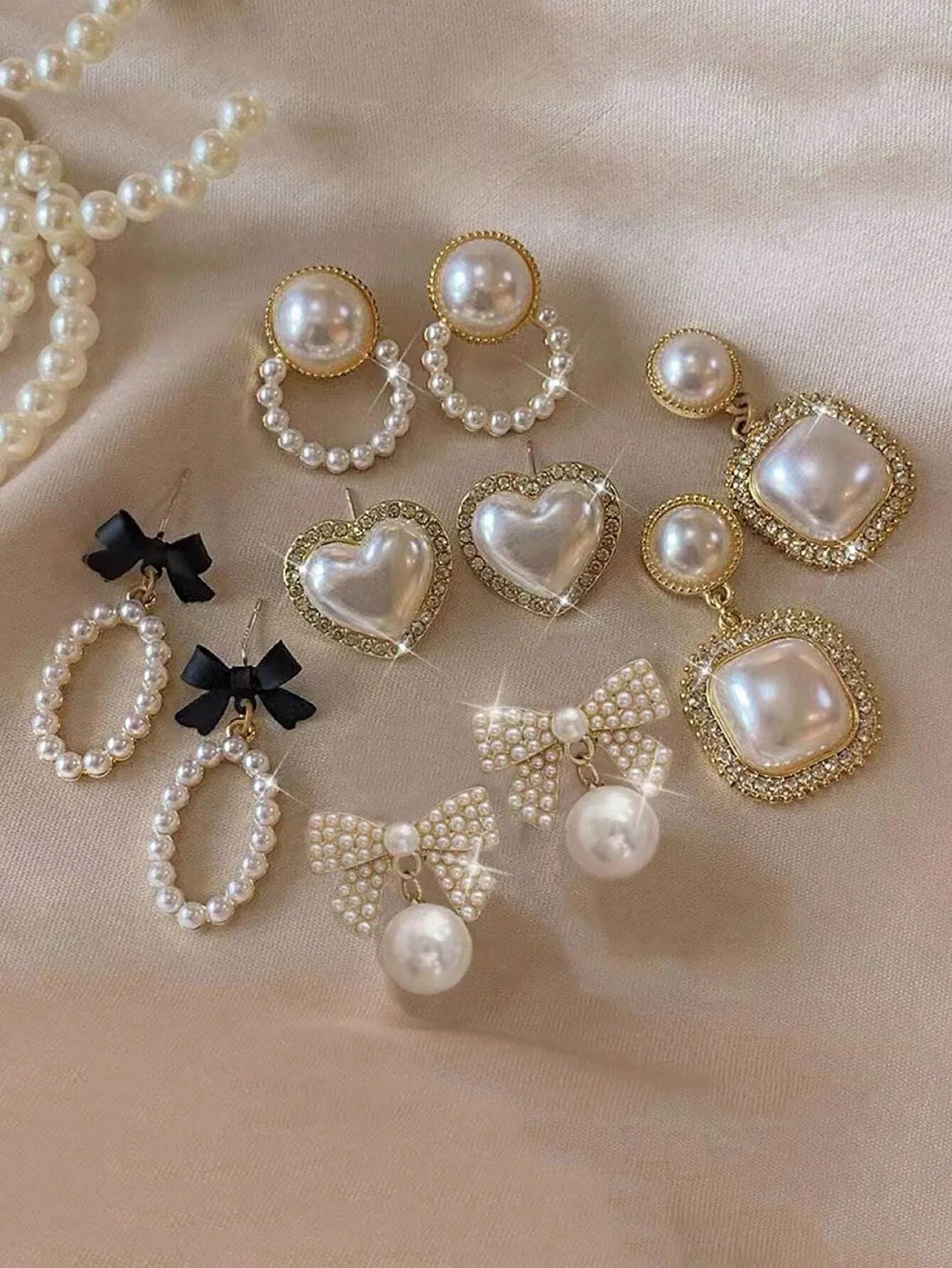 Shein - 5pcs/Set Rhinestone Geometric Square, Heart, Bowknot & Pearl Decor Tassel Earrings