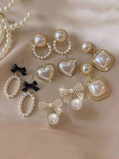 Shein - 5pcs/Set Rhinestone Geometric Square, Heart, Bowknot & Pearl Decor Tassel Earrings