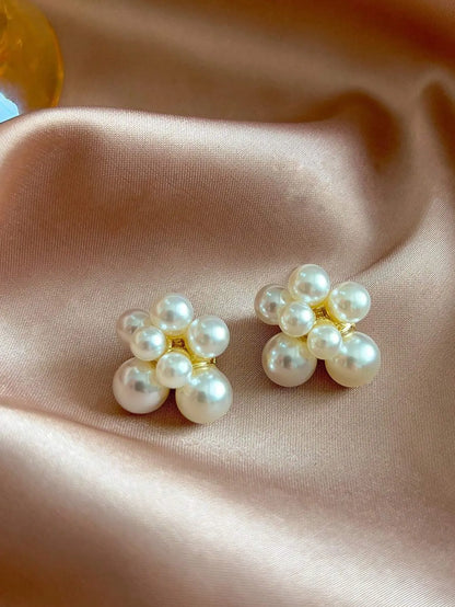 Shein - 5pcs/Set Vintage Faux Pearl Silver Needle Earrings, Minimalist Luxury Earring Set