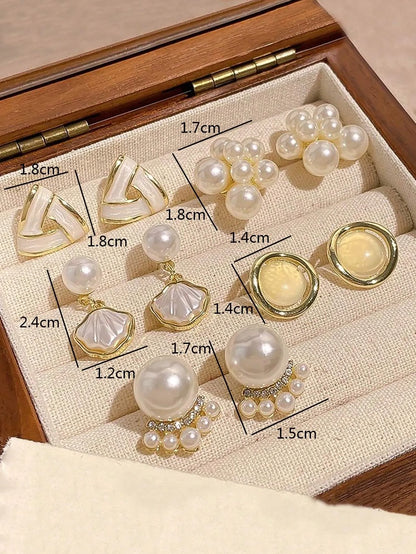 Shein - 5pcs/Set Vintage Faux Pearl Silver Needle Earrings, Minimalist Luxury Earring Set