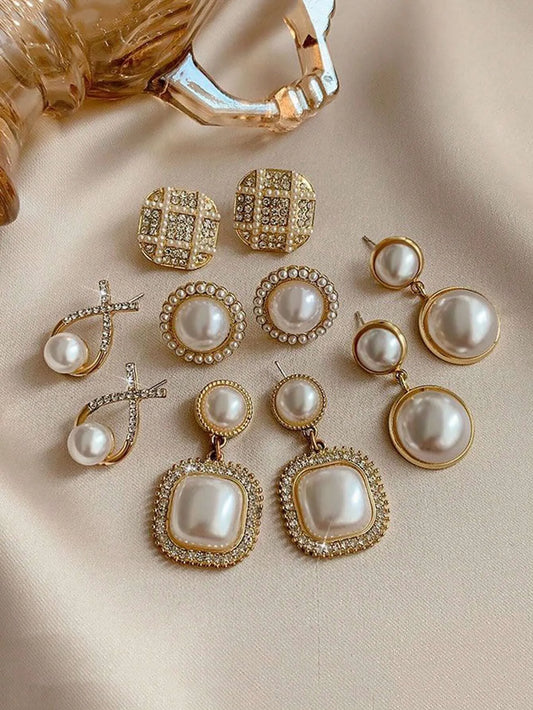 Shein - 5pcs/Set Rhinestone & Faux Pearl Geometric Square Shape Tassel Stud Earrings Set For Women