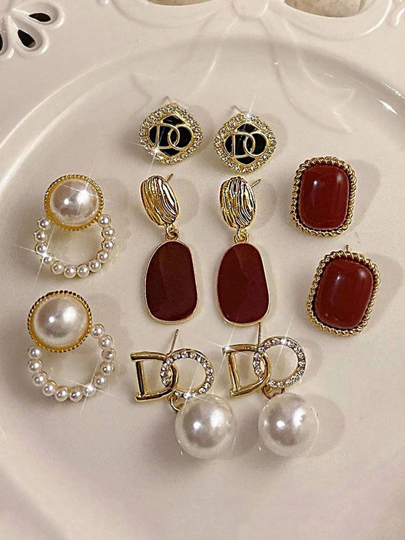 Shein - 5pcs/Set Micro-Inlaid Zirconia Pearl Letter Square Earrings Autumn/Winter Elegant French Style Set For Women