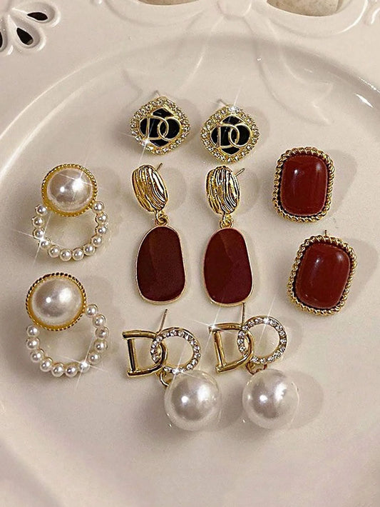 Shein - 5pcs/Set Micro-Inlaid Zirconia Pearl Letter Square Earrings Autumn/Winter Elegant French Style Set For Women