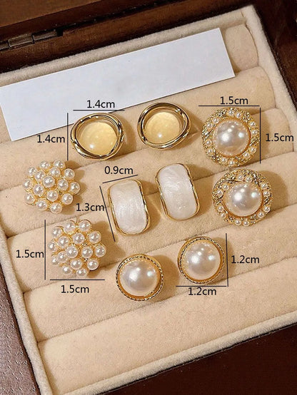 Shein - 5pcs/Set Vintage Pearl Cluster Hoop Earrings Set, Minimalist Small Earring Jewelry Suits Women Day & Festival Wear