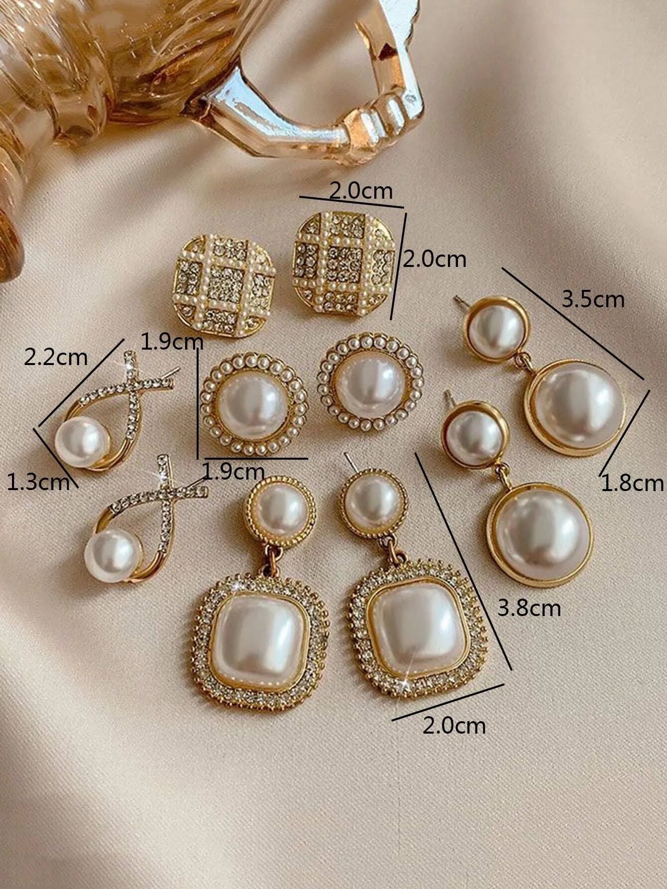 Shein - 5pcs/Set Rhinestone & Faux Pearl Geometric Square Shape Tassel Stud Earrings Set For Women