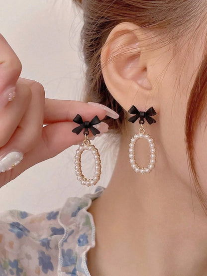 Shein - 5pcs/Set Rhinestone Geometric Square, Heart, Bowknot & Pearl Decor Tassel Earrings