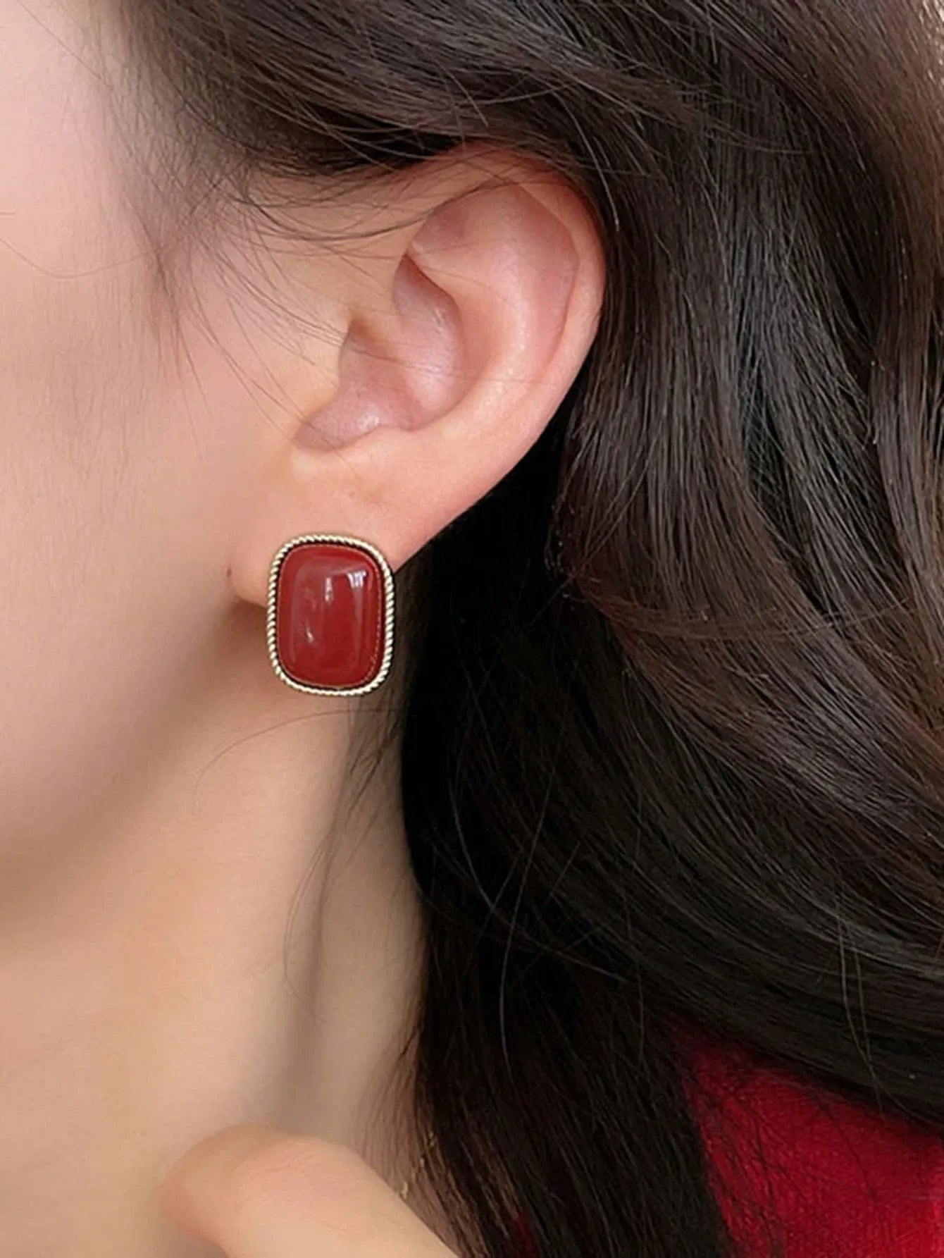 Shein - 1 Set Minimalist Floral Faux Pearl Red Drip Oil Geometric Square Luxurious Elegant Design Earrings Suit, Suitable For Women's Daily And Festival Wear