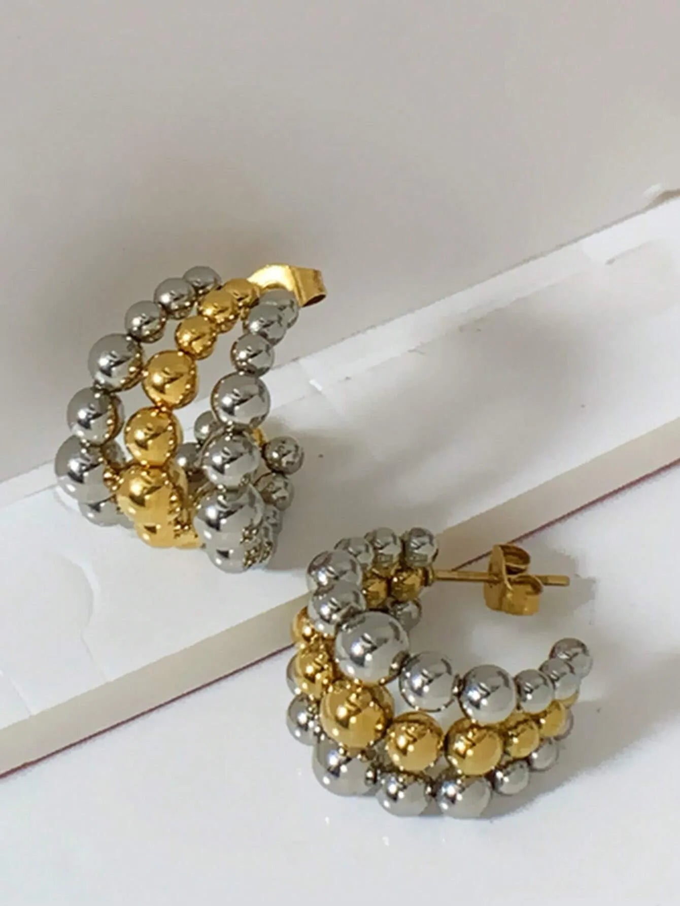 Shein - 1pair New Stainless Steel 18K Gold Plated Triple Beaded Round Bead C-Shaped Earrings