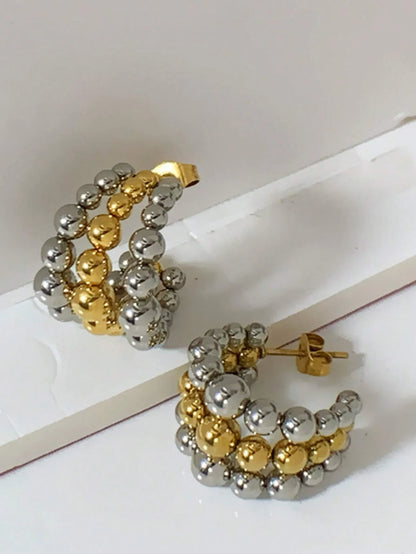 Shein - 1pair New Stainless Steel 18K Gold Plated Triple Beaded Round Bead C-Shaped Earrings