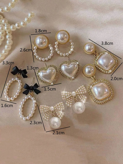Shein - 5pcs/Set Rhinestone Geometric Square, Heart, Bowknot & Pearl Decor Tassel Earrings
