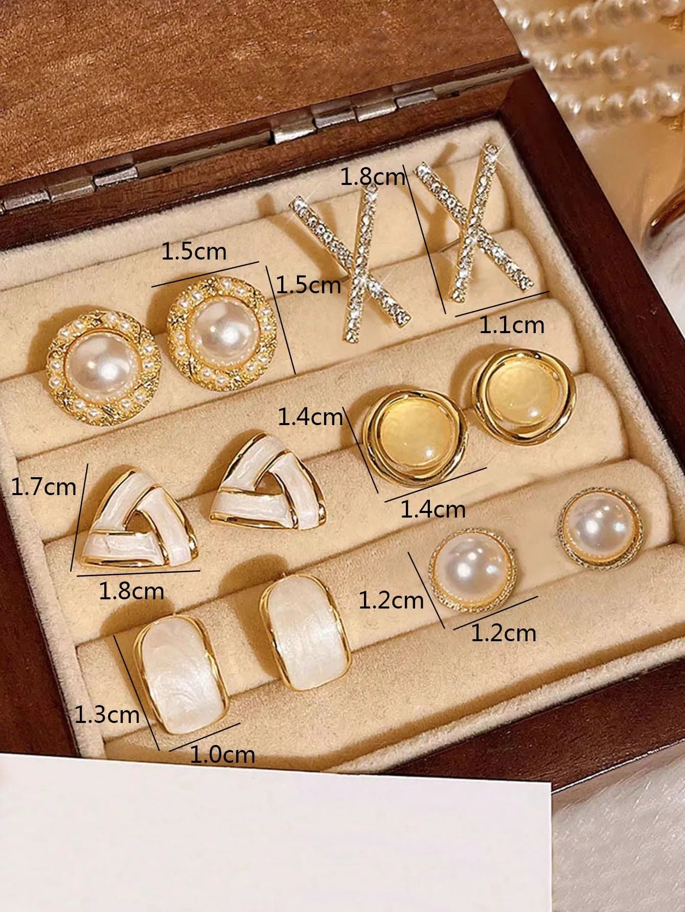 Shein - 6pcs/Set Minimalist Elegant & Versatile Cross Circle Cat Eye Faux Pearl Geometric Drop Oil Triangle Rhinestone Earring Set