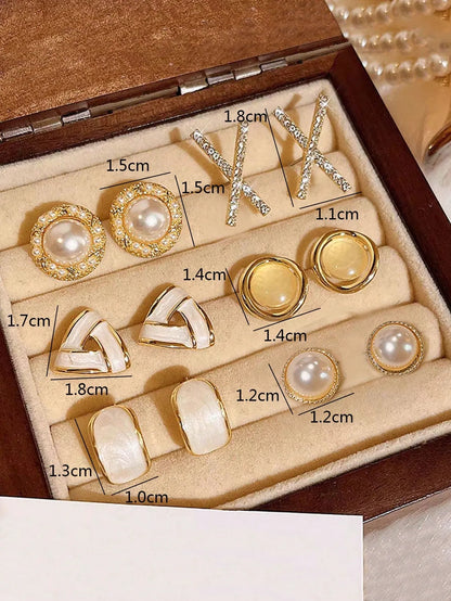 Shein - 6pcs/Set Minimalist Elegant & Versatile Cross Circle Cat Eye Faux Pearl Geometric Drop Oil Triangle Rhinestone Earring Set