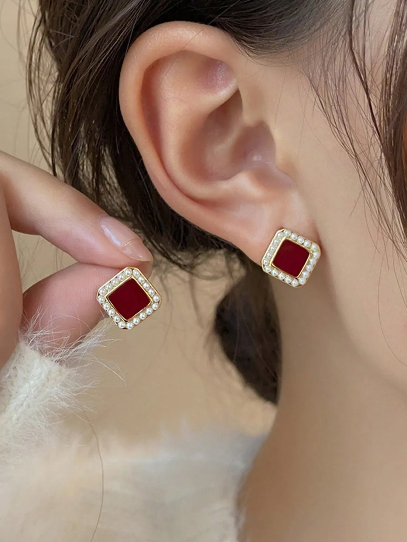 Shein - 1 Set Minimalist Floral Faux Pearl Red Drip Oil Geometric Square Luxurious Elegant Design Earrings Suit, Suitable For Women's Daily And Festival Wear