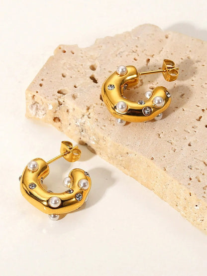 Shein - SHOPBOHO 1pair Glamorous Stainless Steel Cubic Zirconia & Faux Pearl Decor Cuff Hoop Earrings