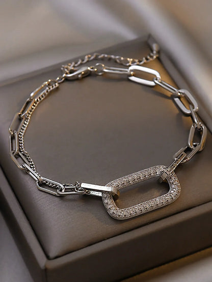 Shein - 1pc High-End Elegant Square Hollow Out Cubic Zirconia Bracelet - Silver