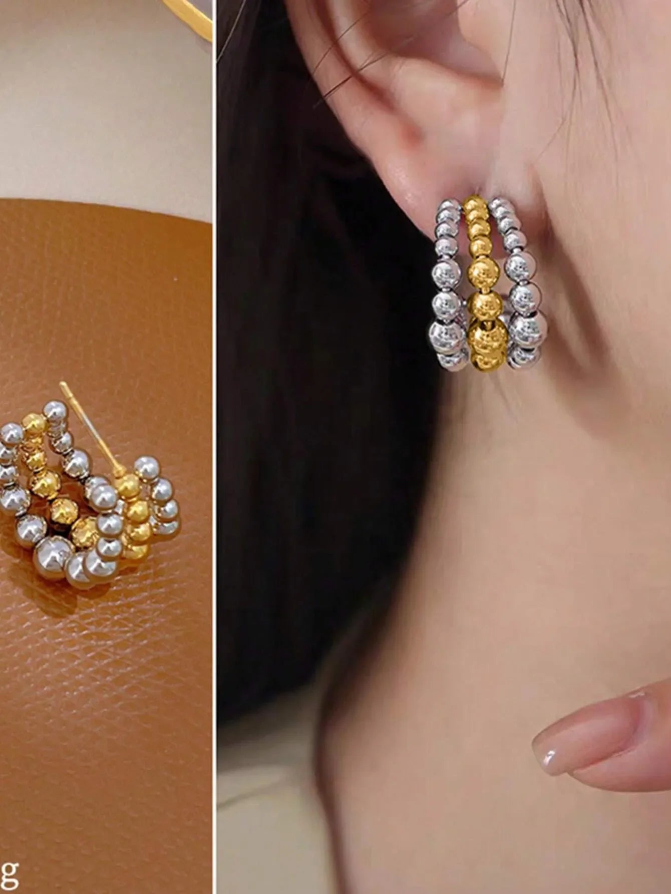 Shein - 1pair New Stainless Steel 18K Gold Plated Triple Beaded Round Bead C-Shaped Earrings