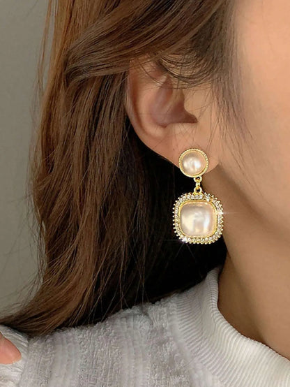 Shein - 5pcs/Set Rhinestone & Faux Pearl Geometric Square Shape Tassel Stud Earrings Set For Women