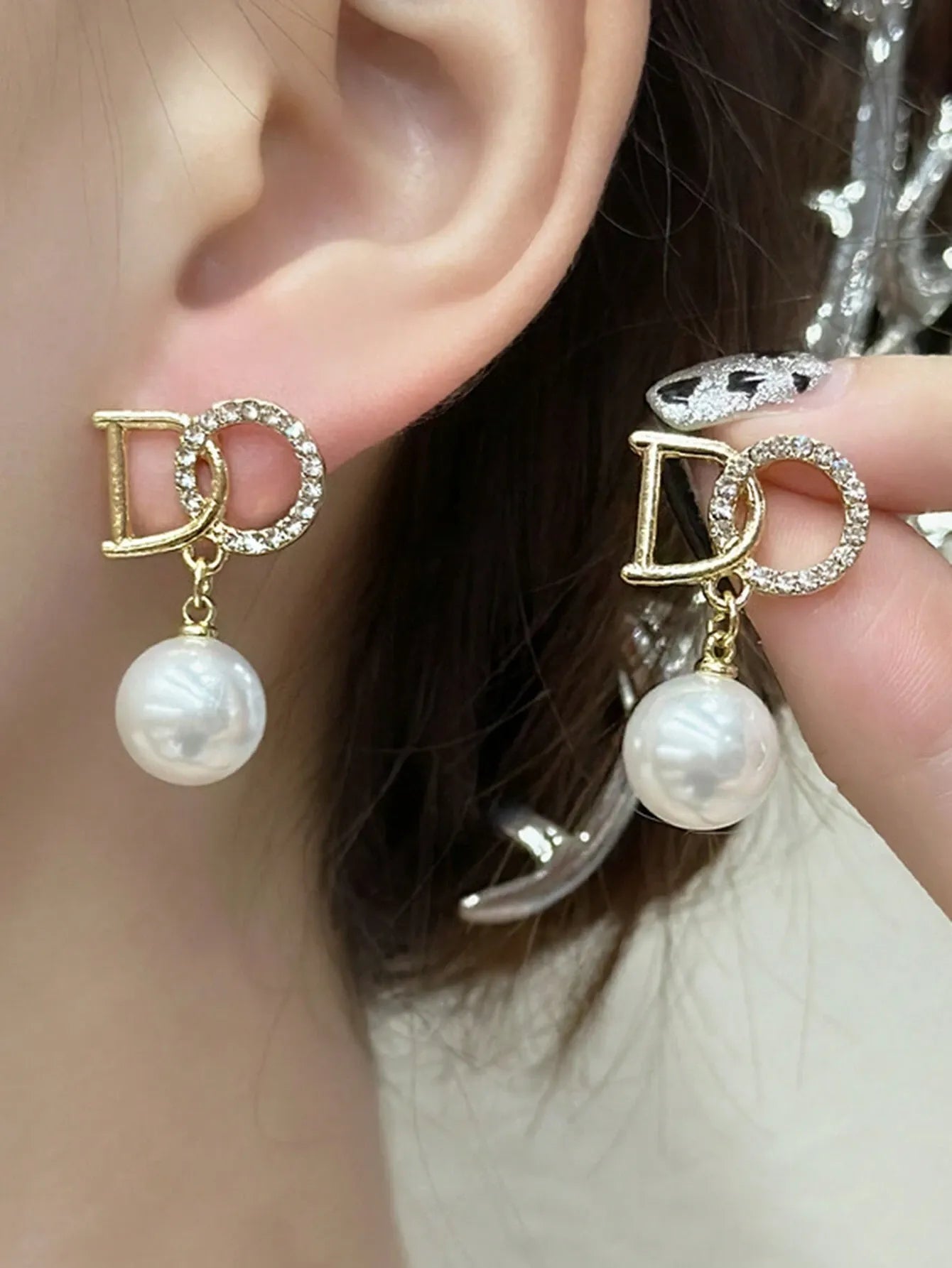 Shein - 5pcs/Set Micro-Inlaid Zirconia Pearl Letter Square Earrings Autumn/Winter Elegant French Style Set For Women