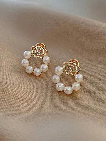 Shein - 1 Set Minimalist Floral Faux Pearl Red Drip Oil Geometric Square Luxurious Elegant Design Earrings Suit, Suitable For Women's Daily And Festival Wear