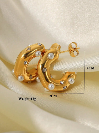 Shein - SHOPBOHO 1pair Glamorous Stainless Steel Cubic Zirconia & Faux Pearl Decor Cuff Hoop Earrings