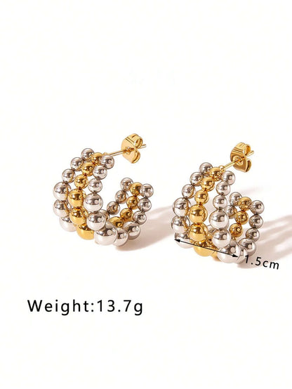 Shein - 1pair New Stainless Steel 18K Gold Plated Triple Beaded Round Bead C-Shaped Earrings
