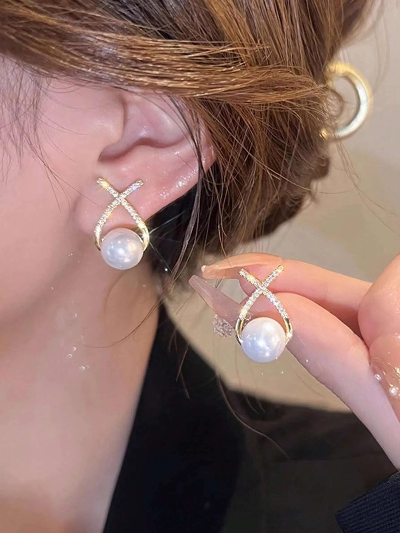 Shein - 5pcs/Set Rhinestone & Faux Pearl Geometric Square Shape Tassel Stud Earrings Set For Women