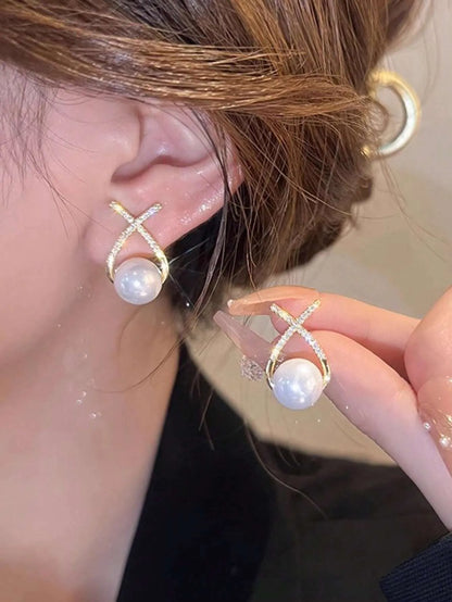 Shein - 5pcs/Set Rhinestone & Faux Pearl Geometric Square Shape Tassel Stud Earrings Set For Women