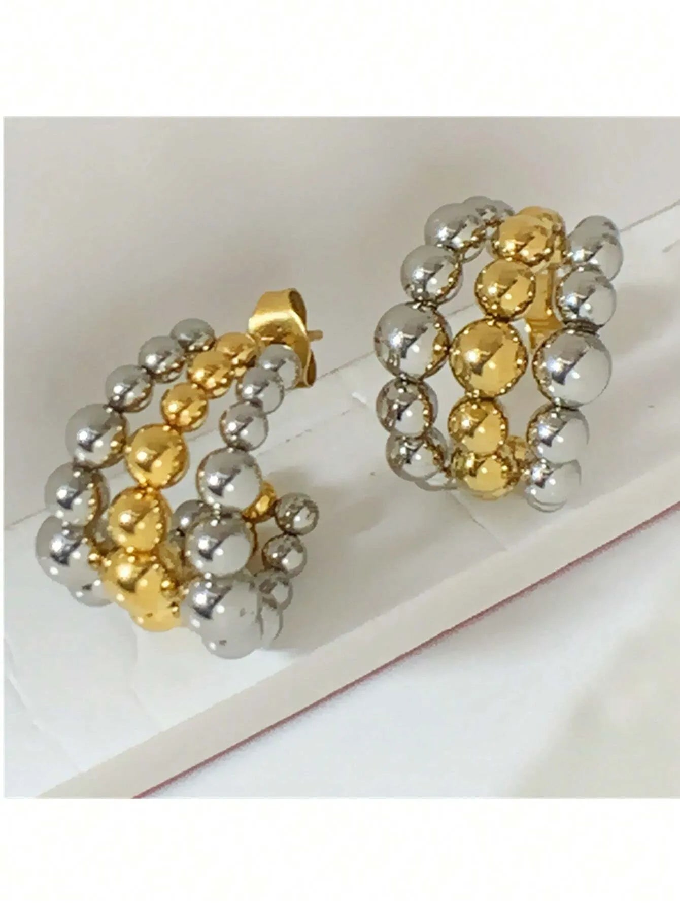 Shein - 1pair New Stainless Steel 18K Gold Plated Triple Beaded Round Bead C-Shaped Earrings